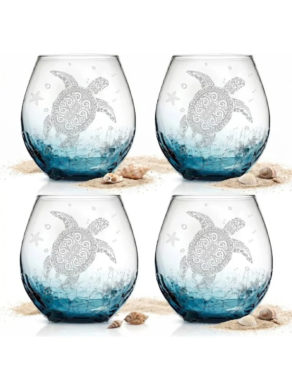 Set of 4 Hand Blown Sea Turtle Wine Glasses, 13.5 oz Stemless Tumblers for Ocean